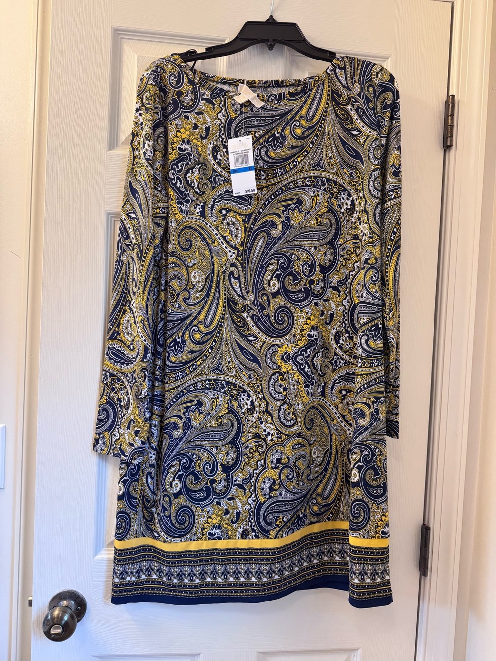 Michael Kors Paisley Long Sleeve Shift Dress in Navy and Yellow